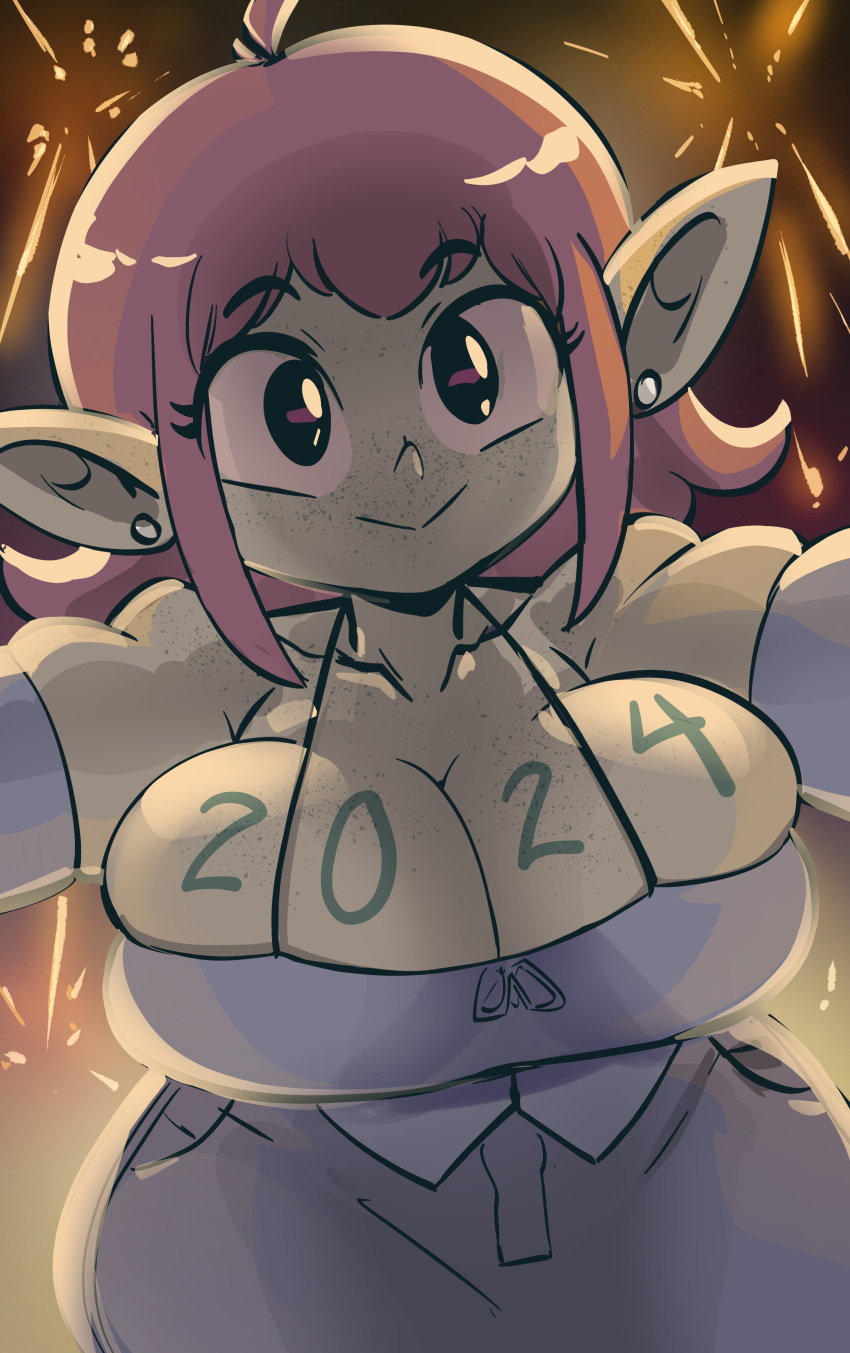 2024 20pesos_sopa :&gt; absurd_res ahoge bare_shoulders big_breasts black_eyes body_writing breasts brown_hair bulging_breasts cheek_bulge clothing collarbone dress ear_piercing eyelashes female fireworks freckles goblin green_body green_skin hair hi_res holidays humanoid humanoid_pointy_ears lei_(20pesos_sopa) new_year night not_furry outside piercing pupils red_pupils short_hair sky smile solo writing_on_breasts yellow_sclera