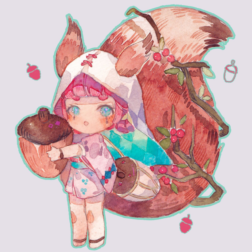 1girl animal_ears aqua_outline argyle argyle_veil bag berry blue_eyes blue_veil blunt_bangs blunt_ends blush branch chibi eyelashes floral_print grey_background highres holding_acorn japanese_clothes kimono large_tail long_sleeves looking_at_viewer marking_on_cheek obi onmyoji open_mouth original oversized_object pink_hair pink_kimono pink_sleeves sash short_hair short_kimono shoulder_bag simple_background sleeves_past_elbows solo squirrel_ears squirrel_tail tail two-sided_veil watch white_bag white_veil wide_sleeves wristwatch yanmian_(printemps-noir)