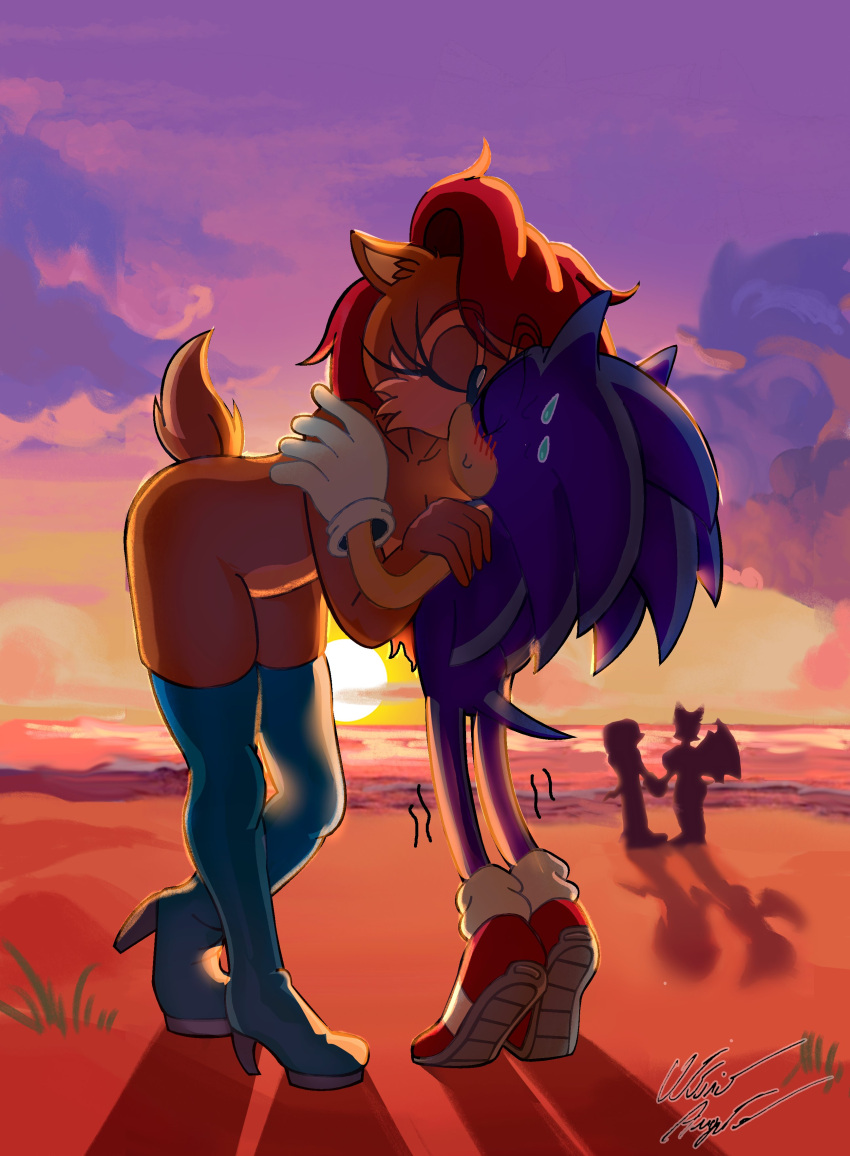 absurd_res anthro archie_comics azul35art beach blush blush_lines bodily_fluids boots clothing duo eulipotyphlan eyes_closed female footwear gloves ground_squirrel handwear hedgehog hi_res kissing larger_female legwear male male/female mammal rodent sally_acorn sciurid seaside sega shaking_legs shoes silhouette size_difference smaller_male sneakers sonic_the_hedgehog sonic_the_hedgehog_(archie) sonic_the_hedgehog_(comics) sonic_the_hedgehog_(series) sunset sweat sweatdrop thigh_boots thigh_highs tiptoes