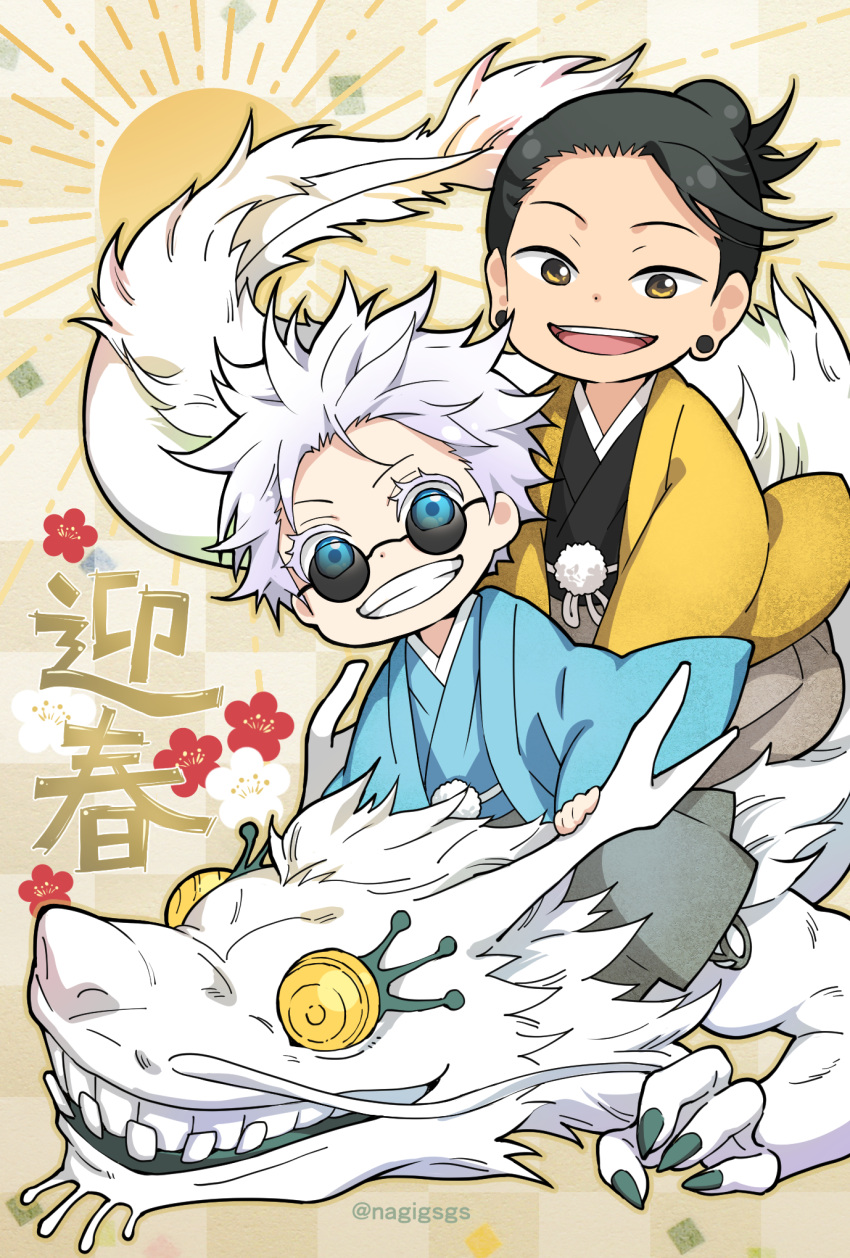 2boys :d black_hair black_kimono blue_eyes blue_kimono chibi dragon ear_piercing eastern_dragon getou_suguru gojou_satoru grin hair_bun hair_pulled_back haori highres japanese_clothes jujutsu_kaisen kimono looking_at_viewer male_focus multiple_boys nagiayase open_mouth piercing round_eyewear short_hair smile sunglasses teeth twitter_username white_hair yellow_background