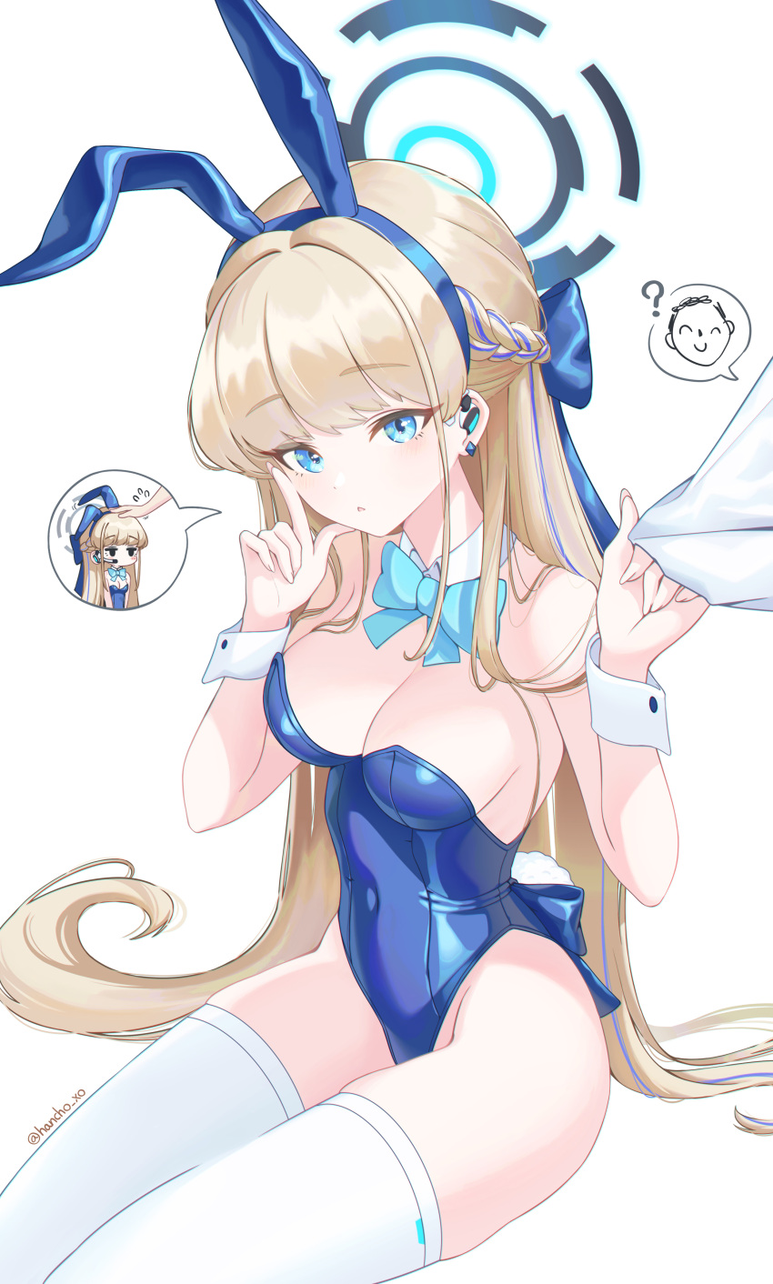 1boy 1girl absurdres animal_ears blonde_hair blue_archive blue_bow blue_bowtie blue_eyes blue_hair blue_leotard blush bodysuit bow bowtie breasts cleavage commentary_request covered_navel detached_collar doodle_sensei_(blue_archive) earphones earrings fake_animal_ears fingernails halo hancho highres holding holding_cloth jewelry large_breasts leotard long_fingernails long_hair looking_at_viewer multicolored_hair parted_lips patting petting playboy_bunny rabbit_ears rabbit_tail revision sensei_(blue_archive) shirt simple_background strapless strapless_leotard streaked_hair tail thighhighs toki_(blue_archive) toki_(bunny)_(blue_archive) twitter_username white_background white_shirt white_thighhighs wrist_cuffs