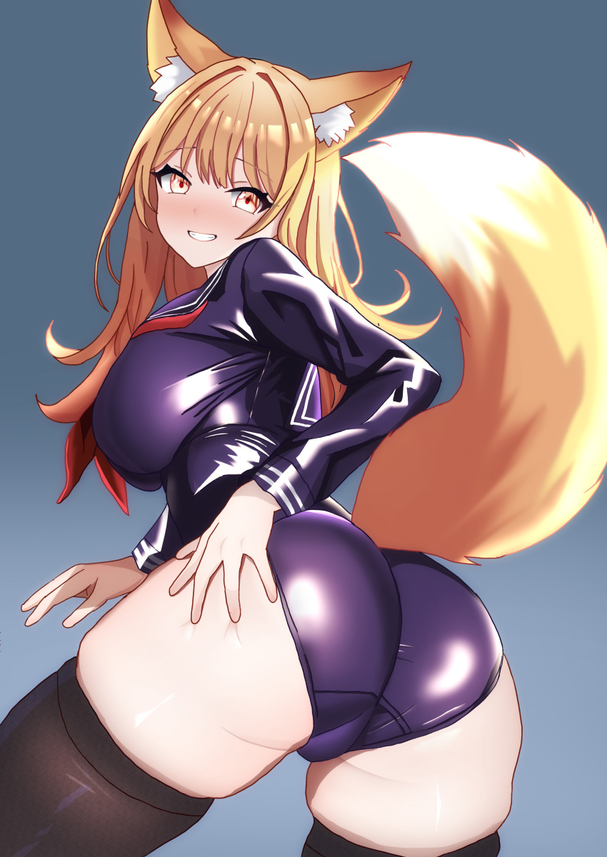 1girl absurdres animal_ear_fluff animal_ears ass ass_focus black_thighhighs blush breasts cowboy_shot deep_skin eyelashes fox_ears fox_girl fox_tail from_behind gradient_background grey_background grin hand_on_own_ass highres large_breasts leaning_forward legs_apart light_blush light_brown_hair long_hair long_sleeves looking_at_viewer looking_back naughty_face no_pants nose_blush orange_eyes original panties purple_panties purple_shirt sailor_collar shiny_clothes shirt skindentation smile solo tail tail_raised teeth thick_thighs thighhighs thighs twisted_torso uma_(uma_mohumohu) underwear