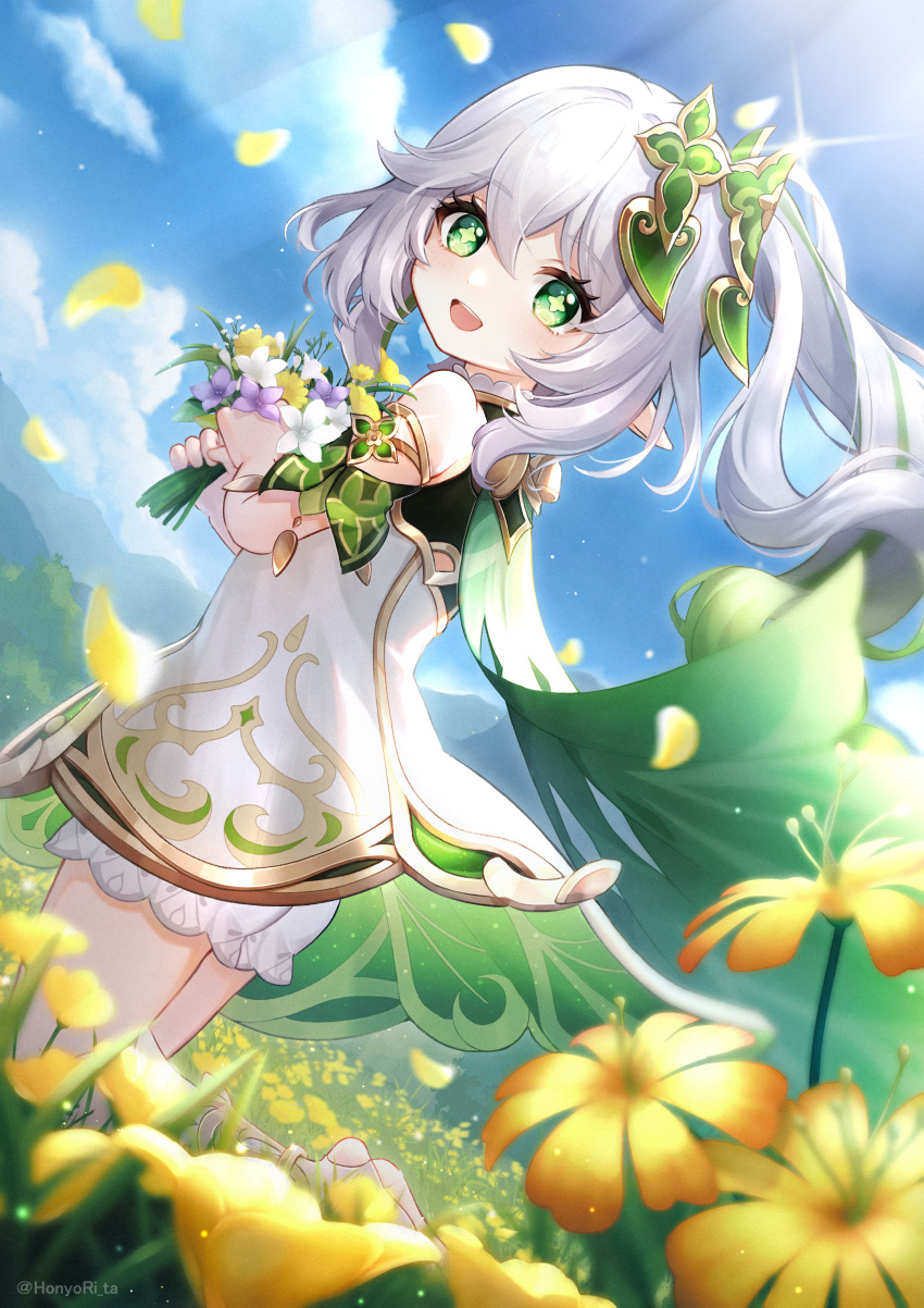 1girl :d absurdres bouquet day dress field floating_hair flower flower_field genshin_impact green_eyes hair_ornament highres hn_(honyori_ta) holding holding_bouquet long_hair looking_at_viewer nahida_(genshin_impact) petals pointy_ears ponytail purple_flower short_dress shorts shorts_under_dress sleeveless sleeveless_dress smile solo sparkle sunlight symbol-shaped_pupils twitter_username white_dress white_flower white_hair white_shorts yellow_flower