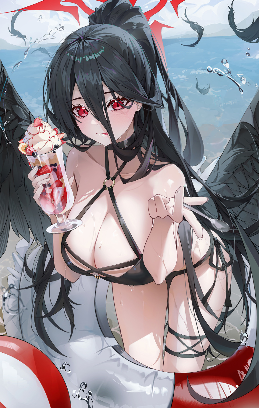 1girl absurdres alternate_costume bikini black_bikini black_hair black_wings blue_archive blush breasts cleavage collarbone cowboy_shot duplicate feathered_wings food halo hasumi_(blue_archive) highres holding innertube large_breasts long_hair looking_at_viewer muring864 parfait red_eyes red_halo solo swimsuit tongue tongue_out very_long_hair water wings