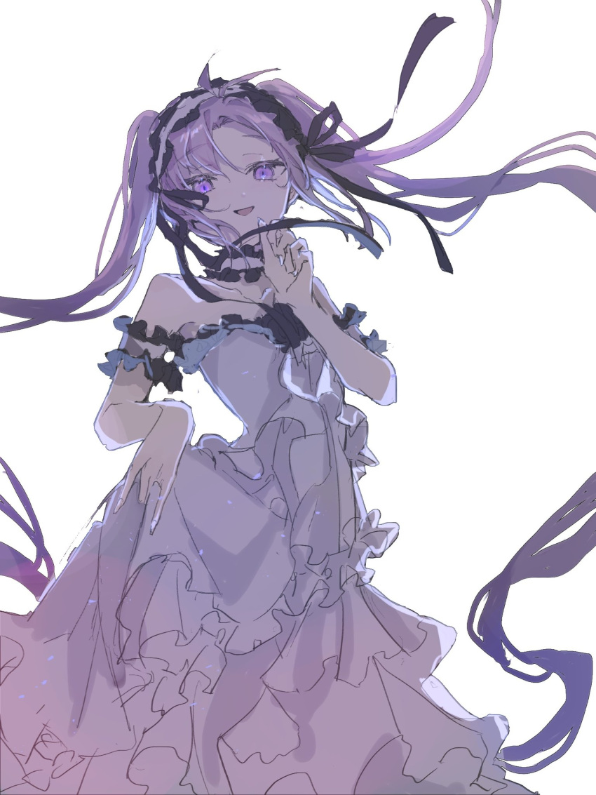 armband backlighting dress fate/grand_order fate_(series) frilled_armband frilled_hairband frills hair_ribbon hairband headdress highres lolita_hairband looking_at_viewer modotteku parted_bangs petite purple_eyes purple_hair ribbon ribbon-trimmed_hairband smile stheno_(fate) strapless strapless_dress twintails white_background white_dress