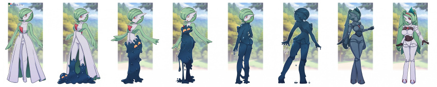 absurd_res anthro black_body black_goo breasts colored covered_in_goo ed-fokk3r female forest forest_background future_pokemon gardevoir generation_3_pokemon generation_9_pokemon goo_creature goo_transformation green_body hi_res iron_valiant long_image medium_breasts metallic_body nature nature_background nintendo paradox_pokemon pigtails plant pokemon pokemon_(species) robotization sequence solo species_transformation standing surprised_expression thick_thighs transformation tree white_body wide_image