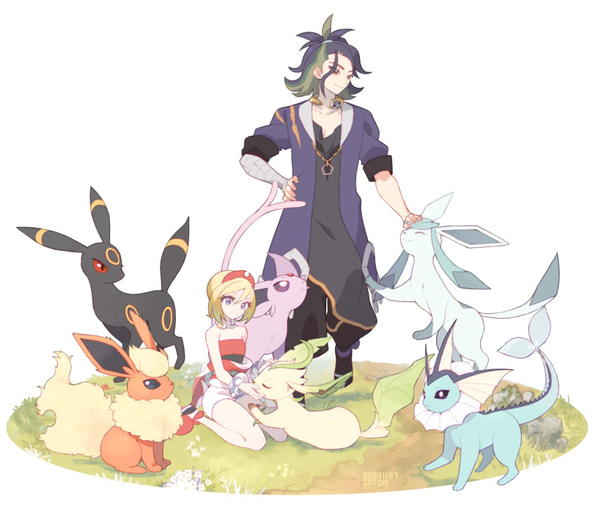 1boy 1girl adaman_(pokemon) arm_wrap bare_shoulders blue_eyes blue_hair cha_niao_(strxscs) closed_eyes collarbone colored_sclera espeon flareon glaceon hand_on_own_hip highres irida_(pokemon) leafeon multicolored_hair petting pokemon pokemon_legends:_arceus red_sclera shirt standing strapless strapless_shirt tail two-tone_hair umbreon vaporeon