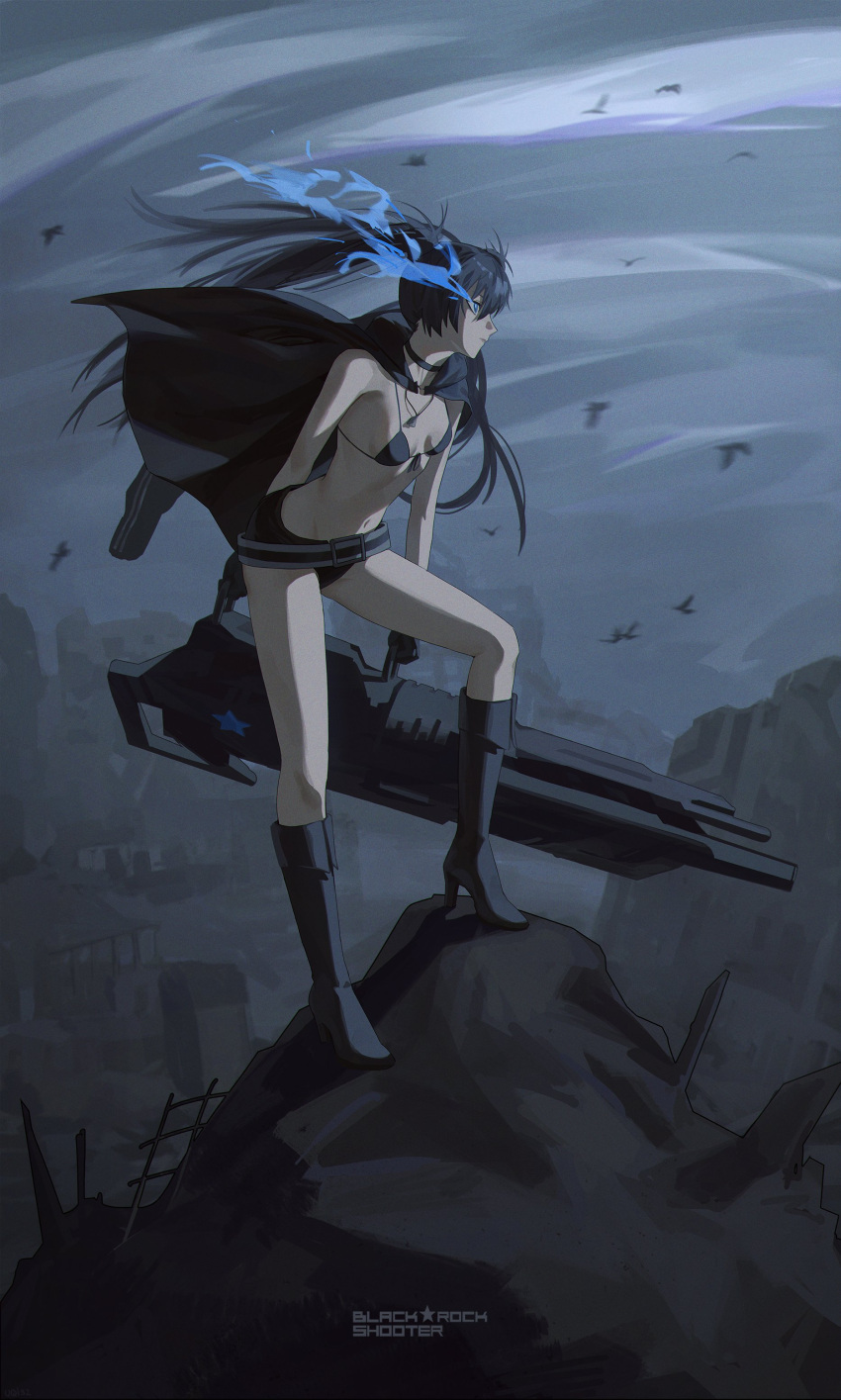 1girl absurdres bikini bikini_top_only black_bikini black_cape black_choker black_hair black_rock_shooter black_rock_shooter_(character) blue_eyes boots breasts cape choker cliff commentary flaming_eye full_body groin gun high_heel_boots high_heels highres holding holding_gun holding_weapon knee_boots long_hair micro_shorts navel ruins shorts simple_bird small_breasts solo swimsuit twintails uqi32 weapon