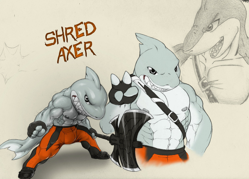 2017 abs anthro axe bandolier bottomwear bulge clothed clothing colored fan_character fingerless_gloves fish footwear gloves graphite_(artwork) handwear hi_res male marine muscular muscular_anthro muscular_male nipples pants pecs pencil_(artwork) shark shirtless shoes solo topless traditional_media_(artwork) utx-shapeshifter