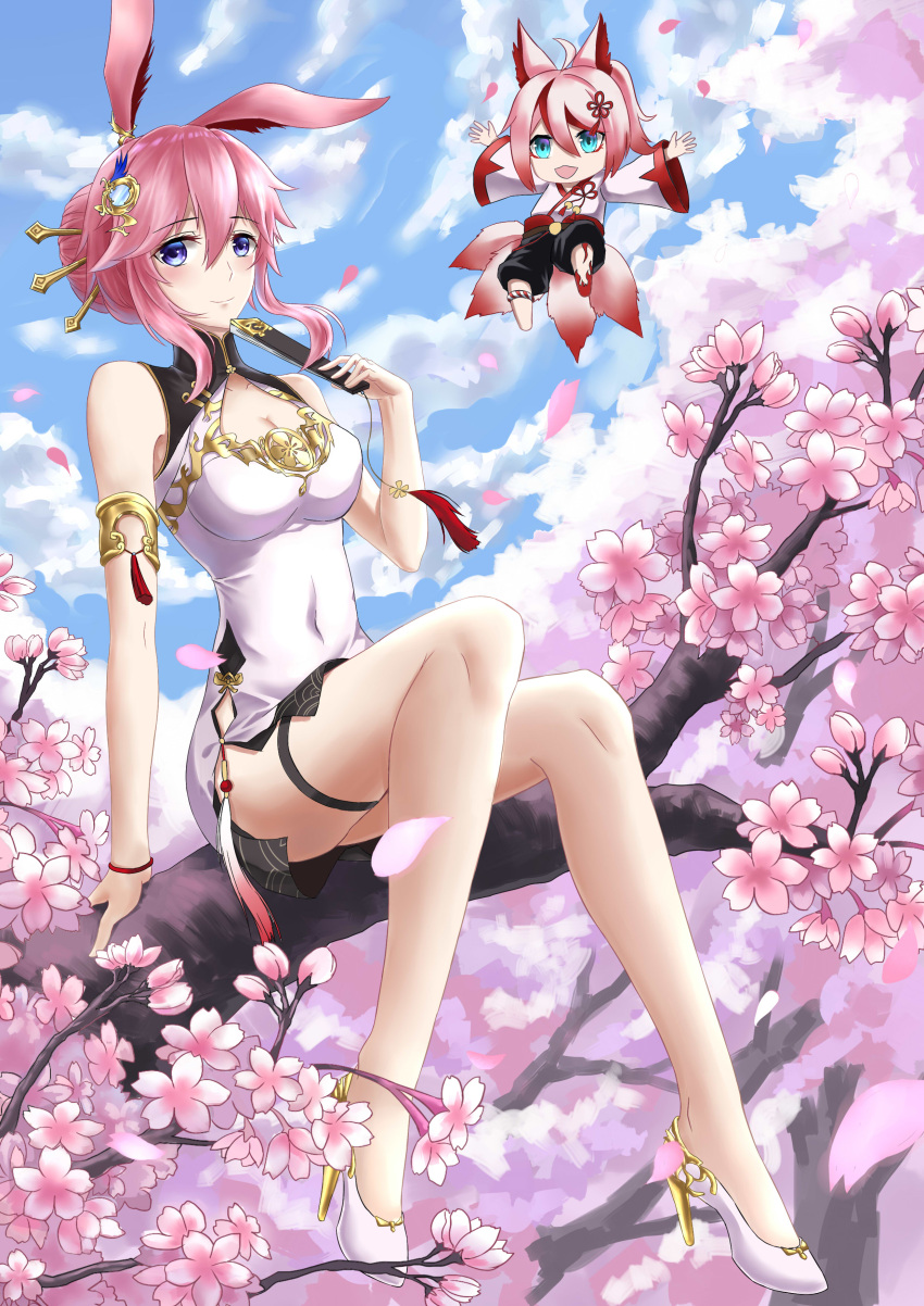 2girls :d absurdres ahoge animal_ears blue_sky branch breasts cherry_blossoms china_dress chinese_clothes cleavage cleavage_cutout closed_mouth clothing_cutout cloud cloudy_sky covered_navel dress floating folding_fan fox_ears fox_girl fox_tail frozen-sad full_body green_eyes hair_bun hand_fan high_heels highres higokumaru holding holding_fan honkai_(series) honkai_impact_3rd in_tree japanese_clothes kimono long_sleeves multiple_girls open_mouth petals single_hair_bun sitting sitting_in_tree sky sleeveless sleeveless_dress smile tail tree white_dress white_footwear white_kimono yae_sakura