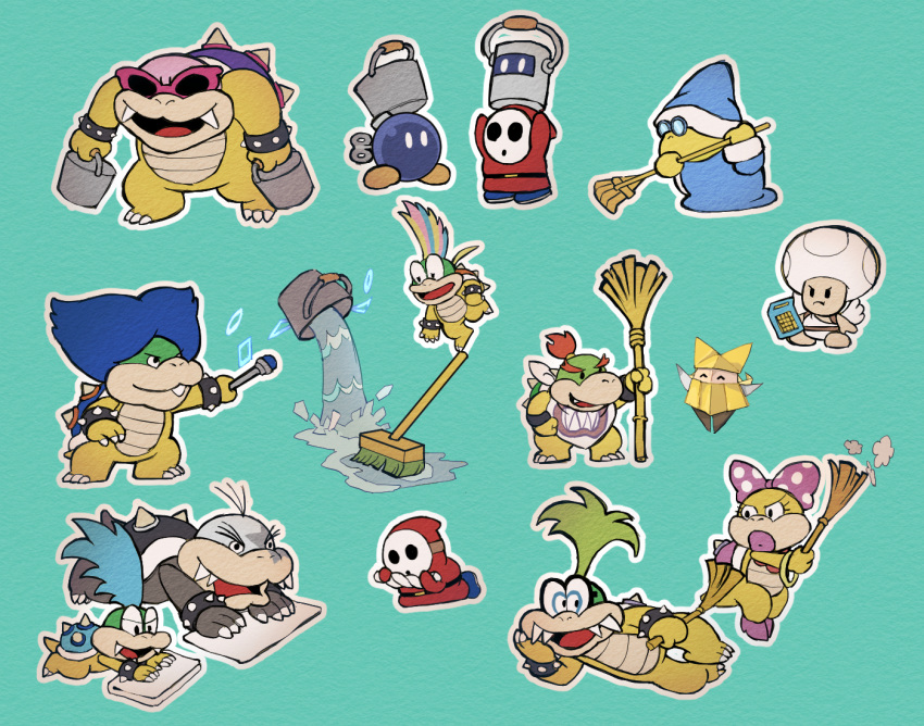 2girls 6+boys :d ^_^ aqua_background arms_up bamboo_broom bandana bangle black_eyes blonde_hair blue_hair blue_headwear blue_robe bob-omb bow bowser_jr. bracelet broom buck_teeth bucket calculator claws closed_eyes commentary_request duster elbow_rest fang fangs feather_duster glasses green_hair hat head_rest holding holding_broom holding_bucket holding_duster holding_wand hood hood_up iggy_koopa jewelry kamek larry_koopa lemmy_koopa lips long_sleeves looking_at_another ludwig_von_koopa lying mario_(series) mask morton_koopa_jr. multicolored_hair multiple_boys multiple_girls olivia_(paper_mario) on_side opaque_glasses open_mouth outstretched_arm paper_mario paper_mario:_the_origami_king pink-framed_eyewear pink_bow pink_hair pink_lips polka_dot polka_dot_bow puddle red_hair rfufvas3phbxkxa robe round_eyewear roy_koopa shy_guy simple_background smile spiked_bracelet spiked_shell spikes spill standing streaked_hair sunglasses sweeping teeth thick_lips toad_(mario) towel turtle_shell v-shaped_eyebrows wand water wendy_o._koopa white_bandana white_wings wings