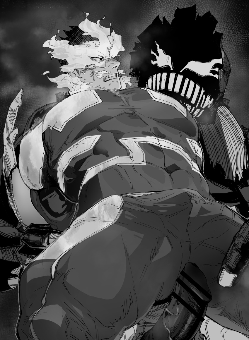 2boys absurdres anal bar_censor bara bodysuit boku_no_hero_academia censored endeavor_(boku_no_hero_academia) erection fire greyscale highres large_pectorals male_focus mature_male migi_(mm86262394) monochrome multiple_boys muscular muscular_male open_mouth pectorals penis sex short_hair testicles textless_version thick_thighs thighs torn_bodysuit torn_clothes yaoi