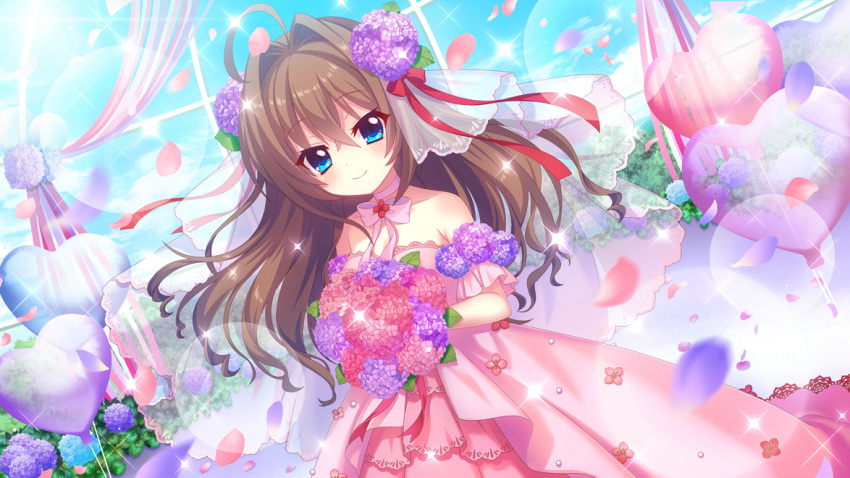 1girl ahoge balloon bare_shoulders blue_eyes blue_flower blue_sky bouquet bow brown_hair closed_mouth cloud day dot_nose dress dutch_angle film_grain flower game_cg hair_flower hair_intakes hair_ornament hair_ribbon heart_balloon holding holding_bouquet hydrangea izumi_tsubasu lens_flare long_hair looking_at_viewer neck_ribbon non-web_source off-shoulder_dress off_shoulder official_art pink_bow pink_dress pink_flower pink_petals pink_ribbon purple_flower purple_petals re:stage! red_ribbon ribbon shikimiya_aone sky smile solo sparkle veil