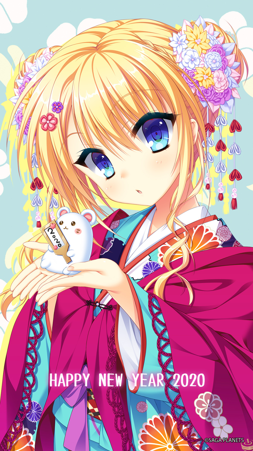 1girl 2020 alternate_costume alternate_hairstyle animal blonde_hair blue_eyes blue_kimono blush blush_stickers cherry_blossom_print chestnut_mouth chinese_zodiac company_name double_bun drop_shadow eyelashes eyes_visible_through_hair floral_print flower hair_between_eyes hair_bun hair_flower hair_ornament hairclip hands_up happy_new_year highres holding holding_animal japanese_clothes kanzashi kimono kin-iro_loveriche kisaki_reina layered_clothes layered_kimono light_blue_background long_hair long_sleeves looking_at_viewer mouse official_art parted_lips pink_flower pink_kimono purple_flower sidelocks simple_background solo toranosuke upper_body white_flower wide_sleeves year_of_the_rat yellow_flower