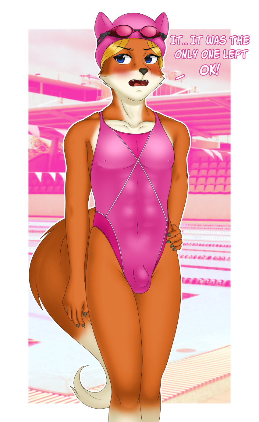 2019 2020 absurd_res alex_(buffbumblebee) anthro biped blonde_hair blue_eyes blush buffbumblebee bulge canid canine clothed clothing crossdressing digital_drawing_(artwork) digital_media_(artwork) eyebrows eyelashes fingers fox front_view fur girly hair hi_res male mammal one-piece_swimsuit open_mouth solo sport_swimsuit standing swimming_cap swimming_goggles swimwear text tight_clothing