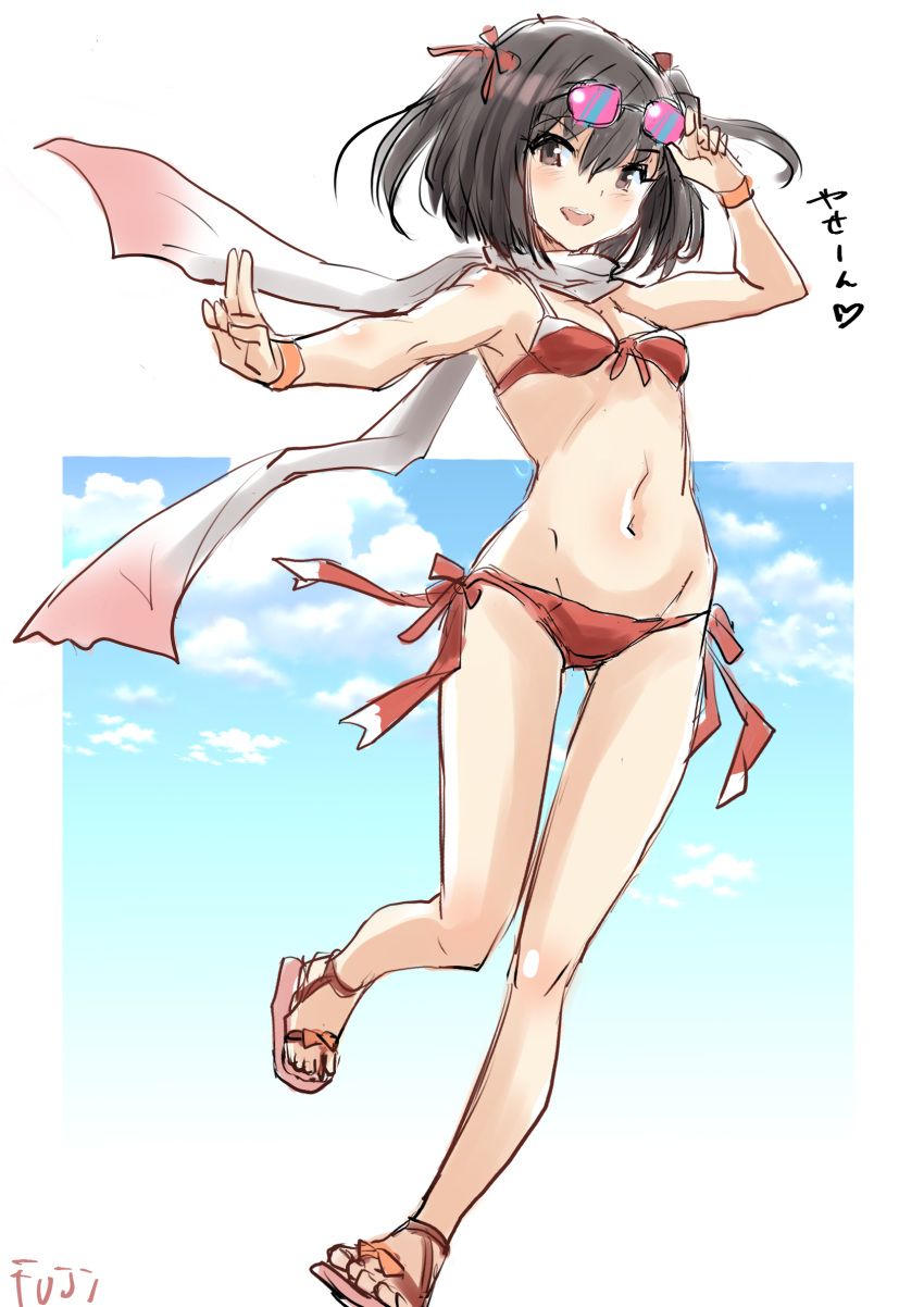 1girl artist_name bikini black_hair blue_sky breasts brown_eyes cloud commentary_request eyewear_on_head fuji_(pixiv24804665) full_body gradient_scarf highres kantai_collection navel open_mouth red_bikini sandals scarf sendai_(kancolle) sendai_kai_ni_(kancolle) side-tie_bikini_bottom sky small_breasts smile solo standing sunglasses swimsuit two_side_up white_scarf