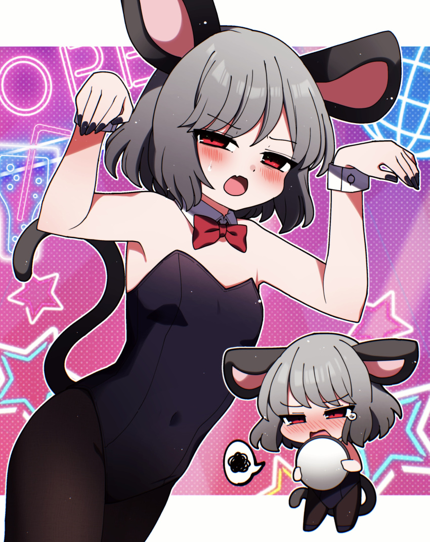 1girl absurdres animal_ears black_leotard black_nails black_pantyhose blush bow breasts detached_collar fingernails grey_hair highres leotard looking_at_viewer mouse_ears mouse_tail multiple_views nail_polish nazrin open_mouth pantyhose red_bow red_eyes short_hair small_breasts spoken_squiggle squiggle star_(symbol) strapless strapless_leotard tail touhou wrist_cuffs you_(noanoamoemoe)