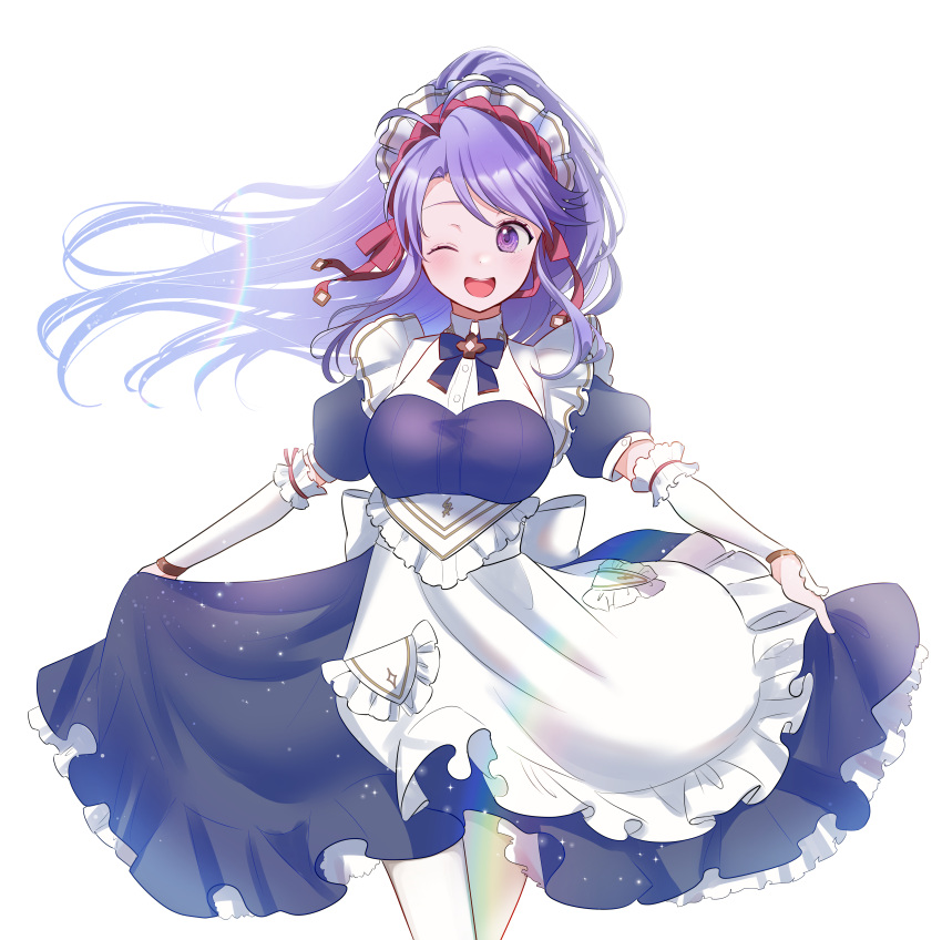 1girl ;d absurdres azusa_(azchemist63) dress facing_viewer fire_emblem fire_emblem:_genealogy_of_the_holy_war fire_emblem_heroes highres japanese_clothes long_hair looking_to_the_side maid maid_headdress miko official_alternate_costume one_eye_closed open_mouth ponytail puffy_short_sleeves puffy_sleeves purple_dress purple_eyes short_sleeves skirt_hold smile solo tailtiu_(fire_emblem) tailtiu_(tea_party)_(fire_emblem) white_background