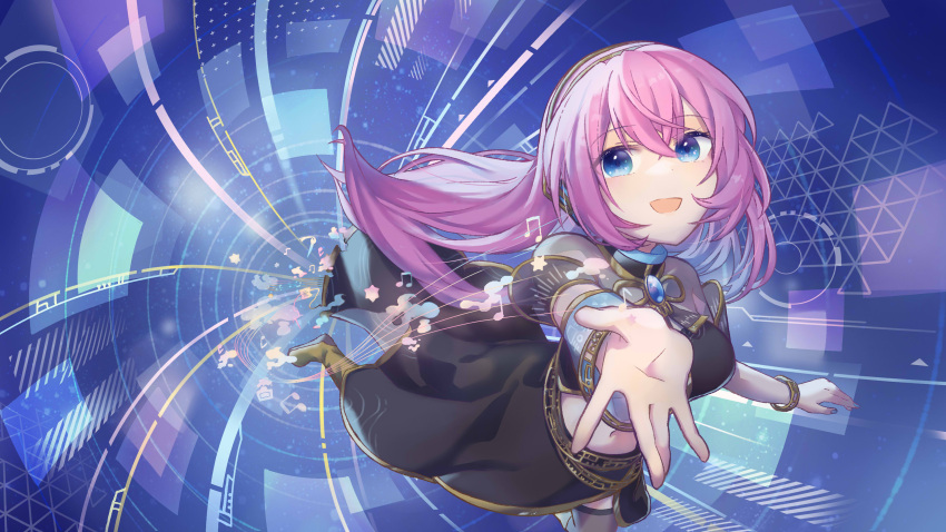 1girl absurdres black_dress blue_background blue_eyes bracelet detached_sleeves dress flying hair_between_eyes headphones highres jewelry long_hair looking_at_viewer megurine_luka mochityoko musical_note navel open_mouth pink_hair sidelocks single_detached_sleeve smile solo very_long_hair vocaloid wind yellow_footwear