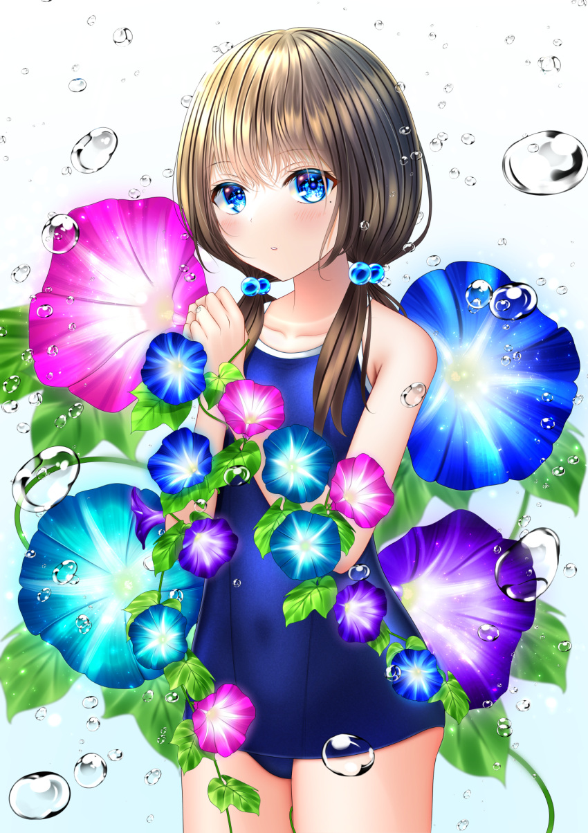 1girl blue_eyes blush brown_hair covered_navel flower hair_bobbles hair_ornament highres long_hair looking_at_viewer low_twintails mole mole_under_eye morning_glory original own_hands_together parted_lips school_swimsuit solo swimsuit twintails wabi_chazuke water_drop