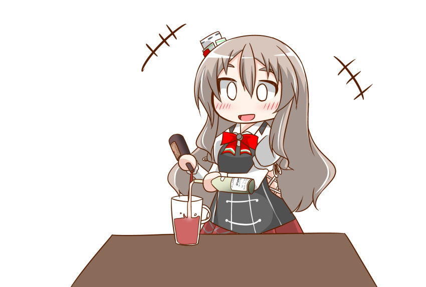 0_0 1girl bottle bow bowtie commentary_request corset cowboy_shot glass grey_hair hat highres holding holding_bottle kantai_collection mini_hat miniskirt nanakusa_nazuna pola_(kantai_collection) pouring red_neckwear red_skirt simple_background skirt solo table thick_eyebrows tilted_headwear wavy_hair white_background wine_bottle