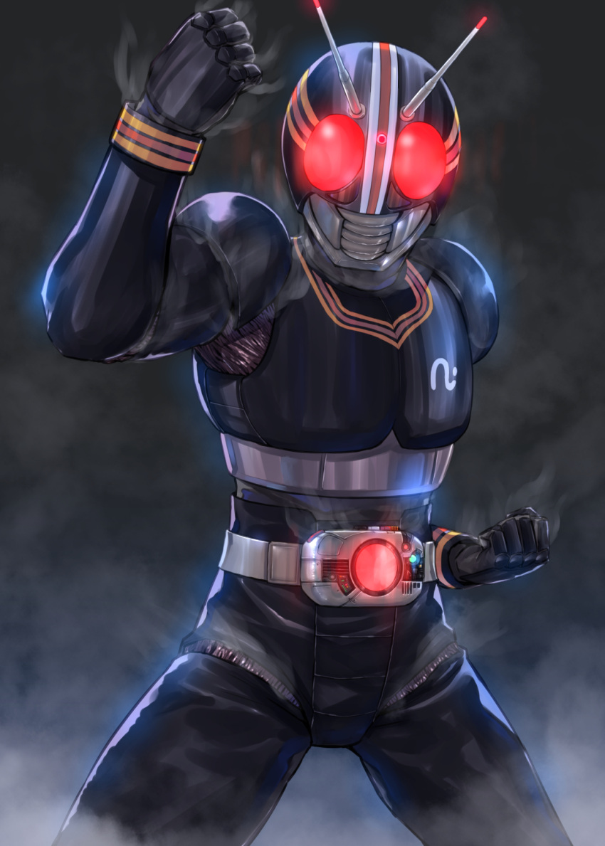 1boy antennae armor aura black_bodysuit bodysuit clenched_hand glowing glowing_eyes highres kamen_rider kamen_rider_black kamen_rider_black_(series) looking_at_viewer male_focus red_eyes rider_belt solo steam zombie_mogura