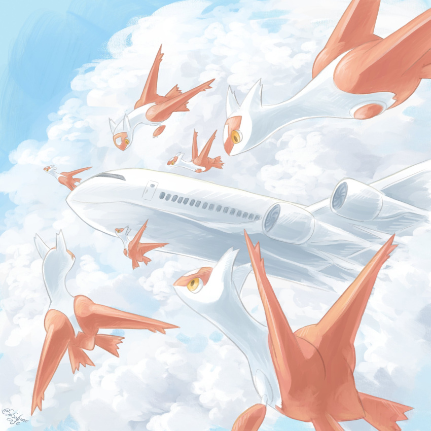 absurdres aircraft airplane artist_name blue_sky cloud cloudy_sky commentary_request day flying highres latias looking_to_the_side no_humans outdoors pokemon pokemon_(creature) sasabunecafe signature sky twitter_username yellow_eyes