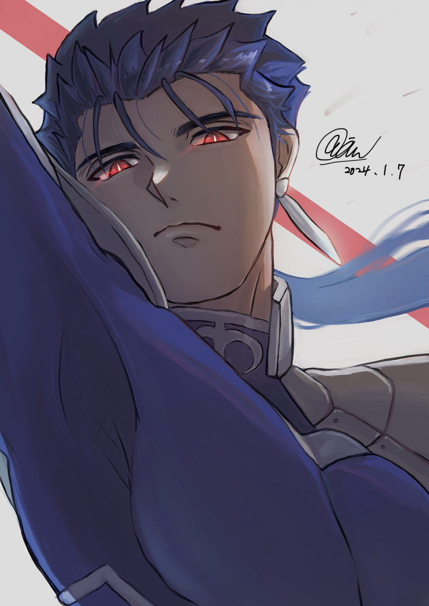 1boy arm_up armor blue_bodysuit blue_hair bodysuit bright_pupils closed_mouth cu_chulainn_(fate) cu_chulainn_(fate/stay_night) dated earrings expressionless fate/stay_night fate_(series) gae_bolg_(fate) grey_background highres jewelry long_hair looking_at_viewer male_focus princess666 red_eyes shoulder_armor signature simple_background slit_pupils solo upper_body