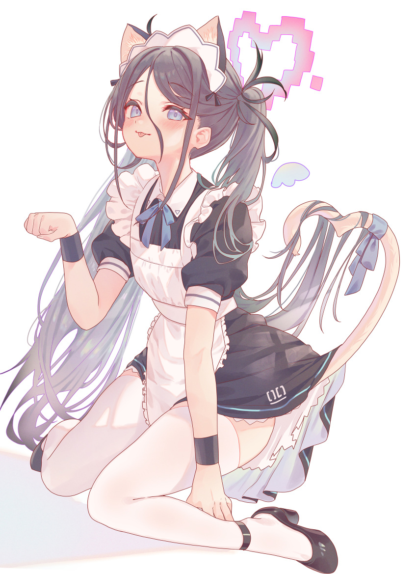 1girl absurdly_long_hair absurdres alternate_costume animal_ears apron aris_(blue_archive) aris_(maid)_(blue_archive) ass black_dress black_footwear black_hair blue_archive blue_eyes blush cat_ears cat_tail dress enmaided frilled_apron frills full_body halo highres long_hair maid maid_headdress official_alternate_costume pink_halo shoes short_sleeves simple_background solo tail thighhighs tongue tongue_out torano very_long_hair waist_apron white_apron white_background white_thighhighs