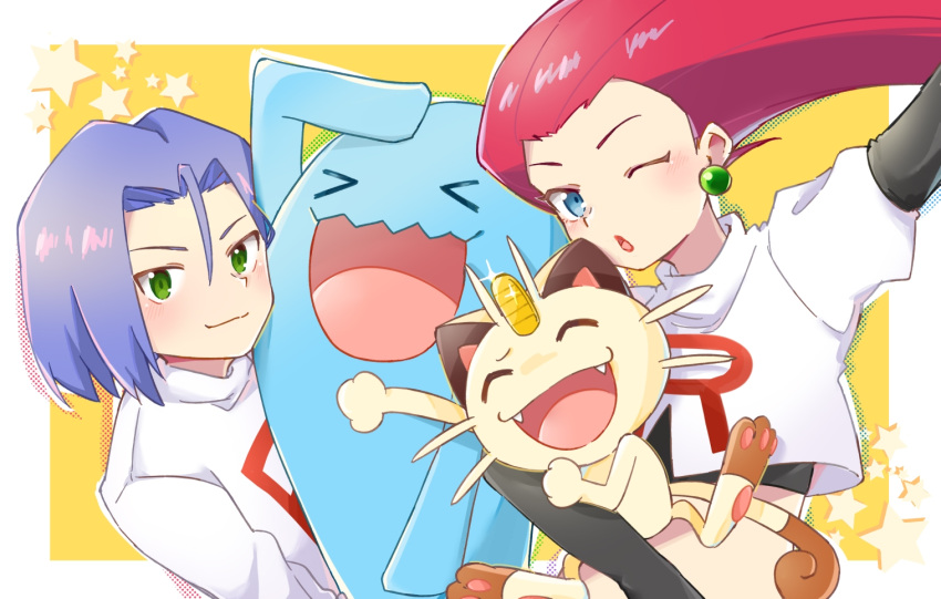 1boy 1girl blue_eyes blue_hair closed_eyes green_eyes james_(pokemon) jessie_(pokemon) meowth one_eye_closed open_mouth pokemon pokemon_(anime) pokemon_(classic_anime) pokemon_(creature) red_hair smile team_rocket umapoi wobbuffet yellow_background