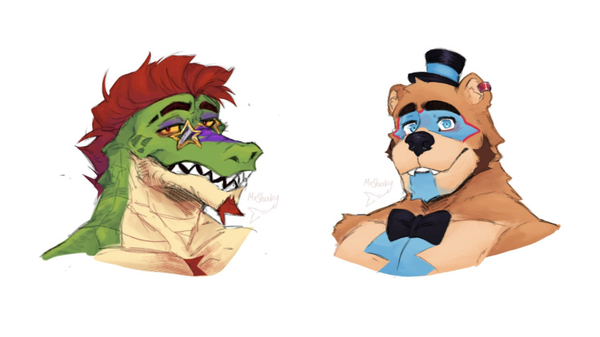 anthro bow_tie clothing duo face_only five_nights_at_freddy's five_nights_at_freddy's:_security_breach glamrock_freddy_(fnaf) hat headgear headwear hi_res male male/male montgomery_gator_(fnaf) mr_sharky scottgames steel_wool_studios