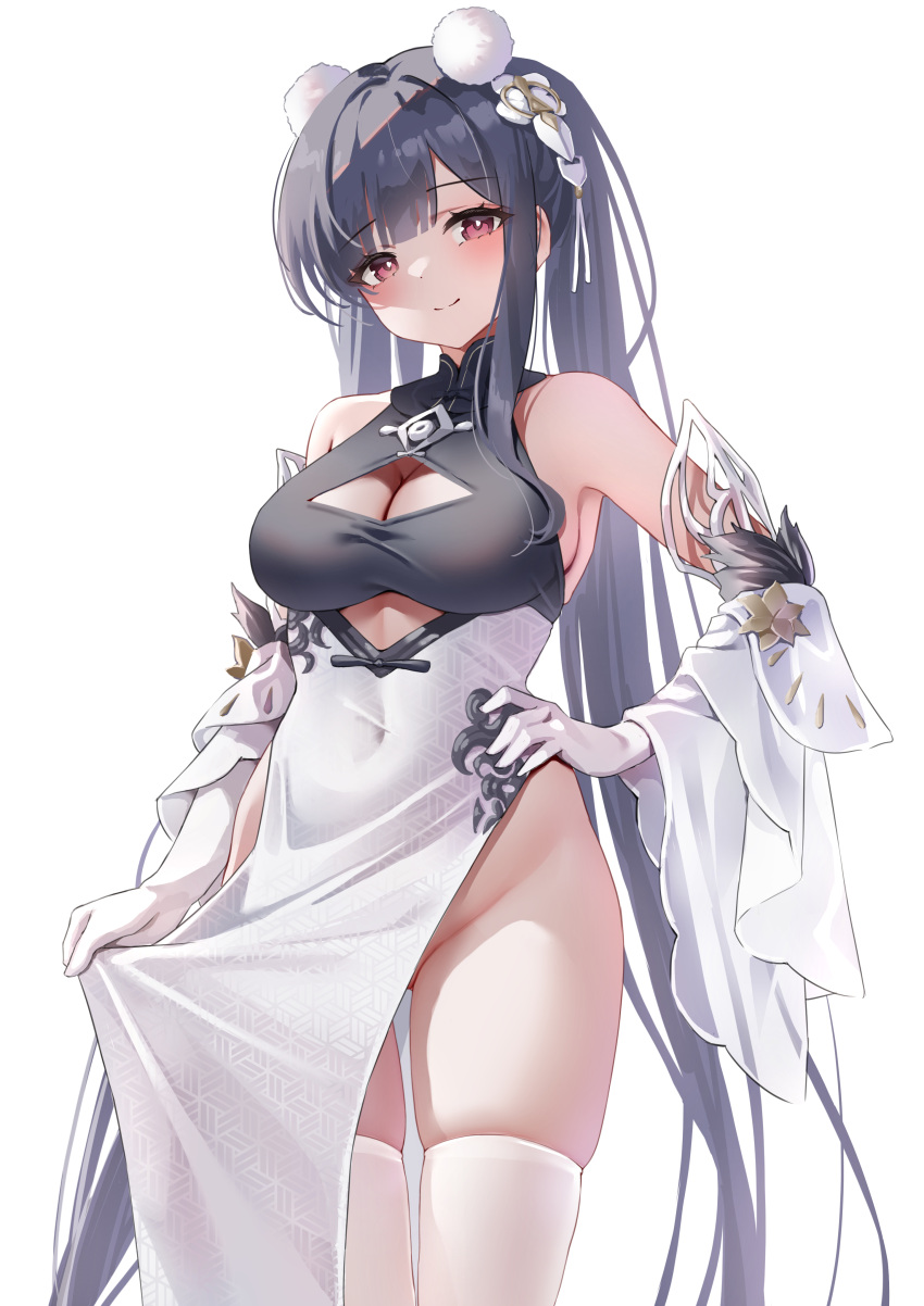 1girl absurdly_long_hair absurdres azur_lane bare_shoulders blush breasts china_dress chinese_clothes classic_(zildjian33) cleavage cleavage_cutout closed_mouth clothes_grab clothing_cutout commentary_request covered_navel cutout_above_navel detached_sleeves dress gloves hair_ornament hand_on_own_hip highres large_breasts long_hair looking_at_viewer no_panties pelvic_curtain peter_strasser_(azur_lane) pom_pom_(clothes) pom_pom_hair_ornament red_eyes simple_background smile solo thighhighs thighs twintails very_long_hair white_background white_gloves white_thighhighs wide_sleeves