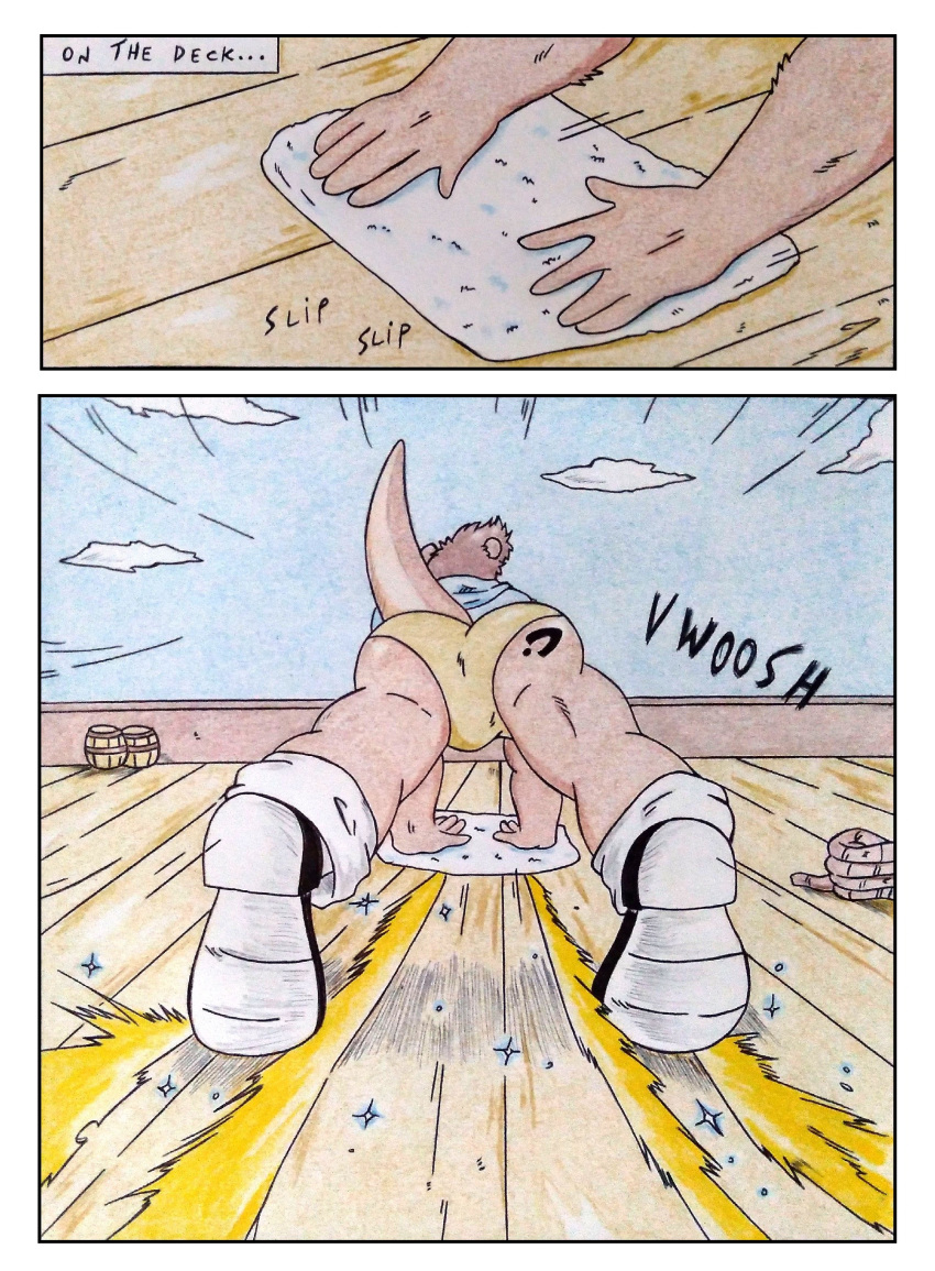 5_fingers absurd_res all_fours anthro ass_up barazoku barrel big_butt blue_clothing blue_topwear bottomwear brown_body brown_hair butt butt_tattoo cleaning clothed clothing comic comic_panel dashthefox day deck_(structure) detailed detailed_background english_text fast fingers floor footwear fur hair hi_res holding_cloth male mammal movement moving muscular muscular_anthro muscular_male mustelid onomatopoeia otter otter_tail outside rear_view rope ship ship_deck shoes sound_effects spread_legs spreading tail tattoo text thick_tail thick_thighs topwear traditional_media_(artwork) underwear vehicle view watercraft wood wood_floor