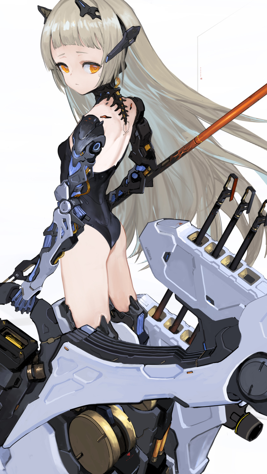 1girl absurdres akefumi arms_at_sides ass black_leotard blunt_bangs breasts cowboy_shot cropped from_behind grey_hair headgear highres holding holding_polearm holding_weapon leotard long_hair looking_at_viewer looking_back machinery mecha_musume mechanical_arms mechanical_spine orange_eyes original polearm science_fiction sideways_glance simple_background small_breasts very_long_hair weapon white_background