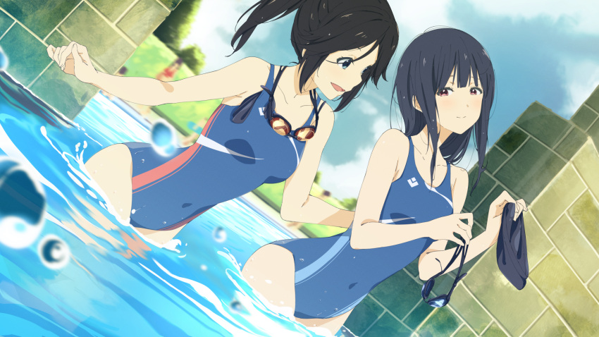 2girls black_hair blue_eyes blue_one-piece_swimsuit competition_swimsuit goggles hibike!_euphonium highres kasaki_nozomi liz_to_aoi_tori long_hair multiple_girls one-piece_swimsuit ponytail pool red_eyes schatten smile swim_cap swimsuit unworn_goggles unworn_swim_cap yoroizuka_mizore