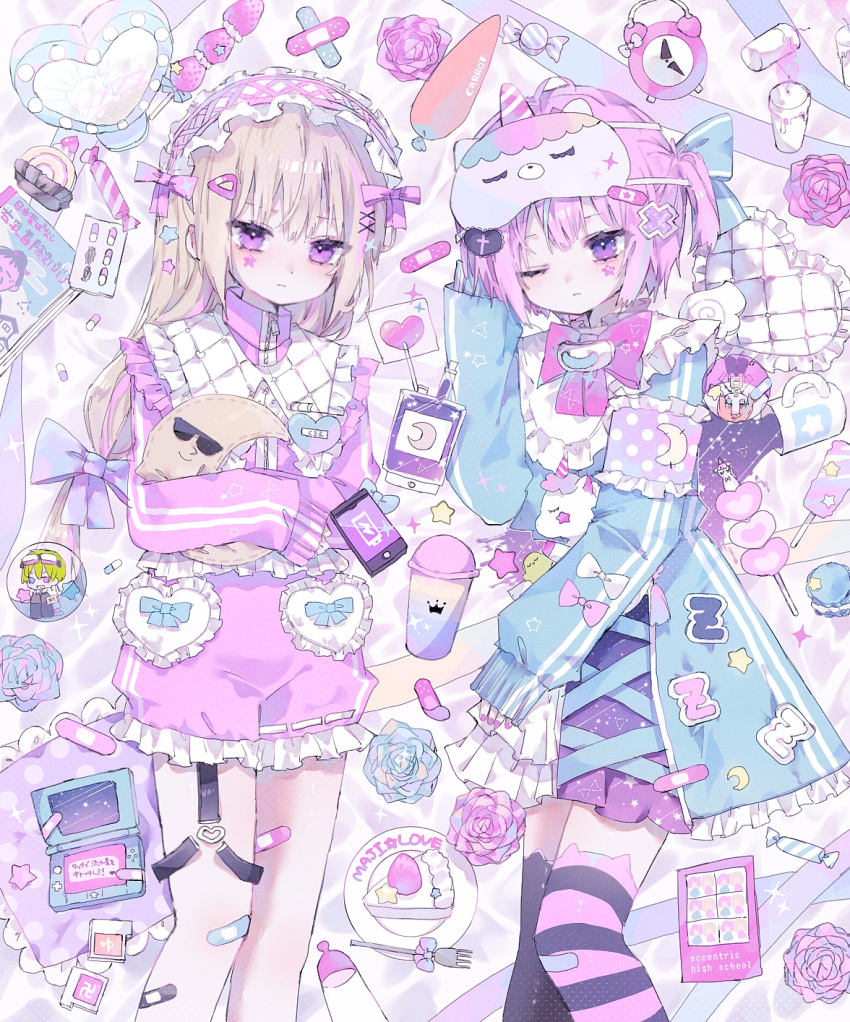 2boys alarm_clock bandaid bandaid_hair_ornament bandaid_on_knee bandaid_on_leg battery_indicator black_thighhighs blonde_hair blue_bow blue_flower bow candy capelet carrot cellphone clock closed_mouth coffee_mug crescent_moon crossdressing crossed_bandaids cup expressionless facepaint flower food fork frilled_capelet frilled_jacket frilled_shorts frills fruit hair_bow hair_ornament hairband hairclip hand_in_own_hair handheld_game_console heart heart-shaped_pillow heart_hair_ornament highres hiro_0607 holding holding_flower holding_stuffed_toy jacket lolita_fashion lolita_hairband lollipop long_hair magazine_(object) male_focus mask mask_on_head mirror moon mug multiple_boys nintendo_ds one_eye_closed open_clothes open_jacket original otoko_no_ko pale_skin phone pill pillow pink_bow pink_flower pink_hair pink_ribbon pink_shorts pink_theme pink_thighhighs pink_track_suit plate purple_thighhighs ribbon short_hair short_twintails shorts sleep_mask smartphone sparkle star_(symbol) star_hair_ornament strawberry striped_clothes striped_thighhighs stuffed_toy thighhighs track_jacket track_suit twintails unicorn unicorn_mask white_capelet x_hair_ornament yume_kawaii zipper