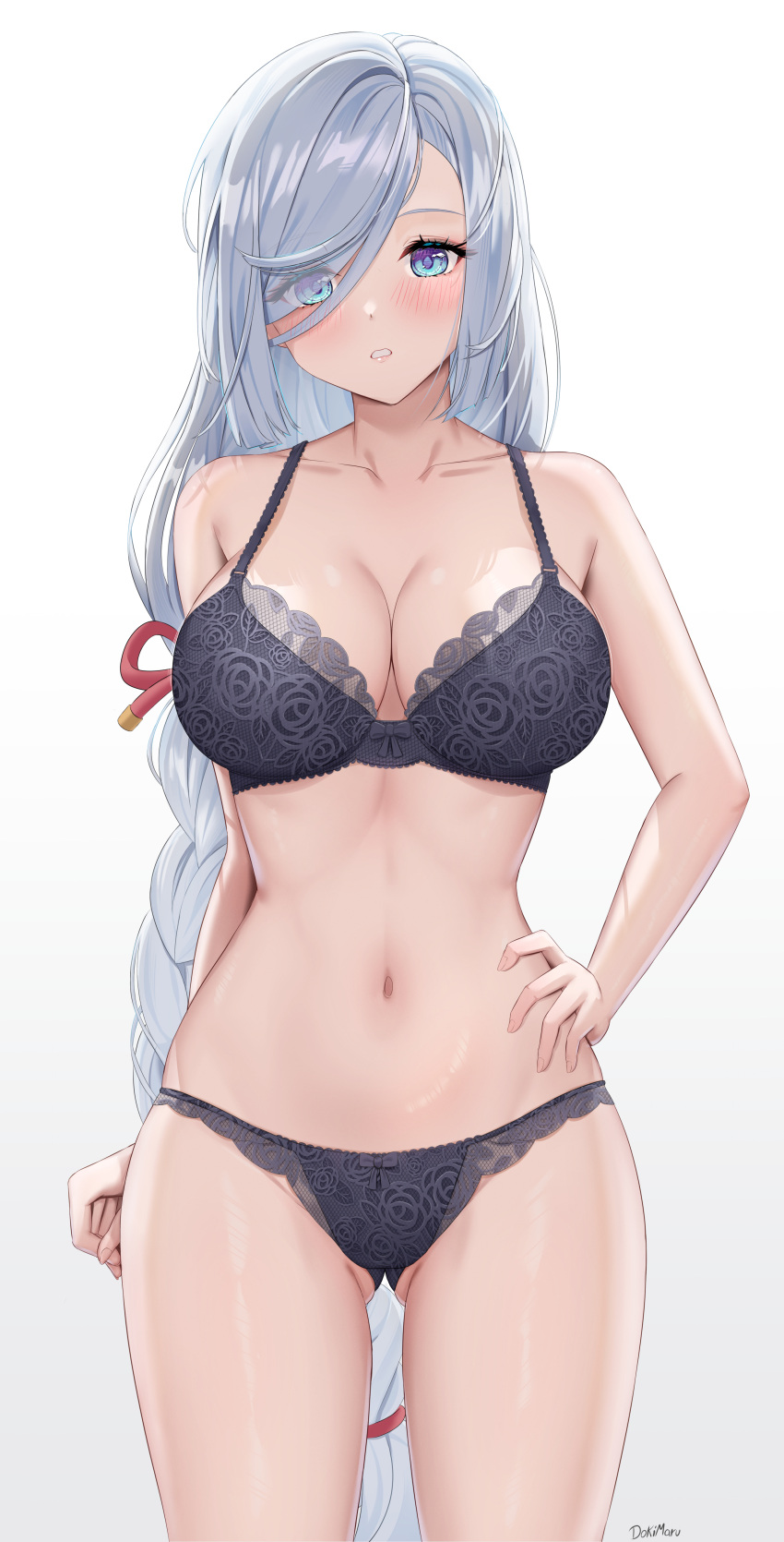 1girl absurdres ass_visible_through_thighs black_bra black_panties blue_eyes blush bow bow_bra bow_panties bra breasts cleavage collarbone commentary_request dokimaru eyes_visible_through_hair genshin_impact grey_hair hair_over_one_eye hand_on_own_hip highres lace lace_bra lace_panties large_breasts lingerie long_braid long_hair looking_at_viewer navel panties shenhe_(genshin_impact) solo string_panties thighs underwear underwear_only white_background