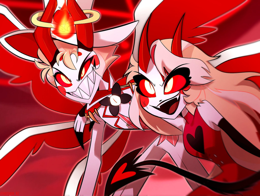 1boy 1girl blonde_hair demon demon_boy demon_girl demon_horns demon_tail demon_wings dress father_and_daughter hazbin_hotel hellpple_hz highres horns long_hair lucifer_(hazbin_hotel) open_mouth red_dress sharp_teeth suit tail teeth wings