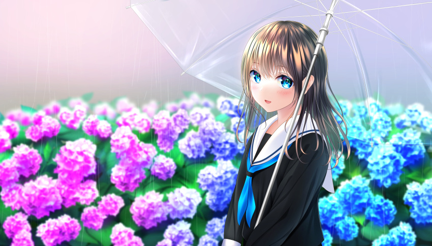 1girl blue_eyes blush brown_hair dated_commentary flower highres holding holding_umbrella hydrangea long_hair long_sleeves looking_at_viewer neckerchief open_mouth original rain school_uniform serafuku smile solo transparent transparent_umbrella umbrella wabi_chazuke