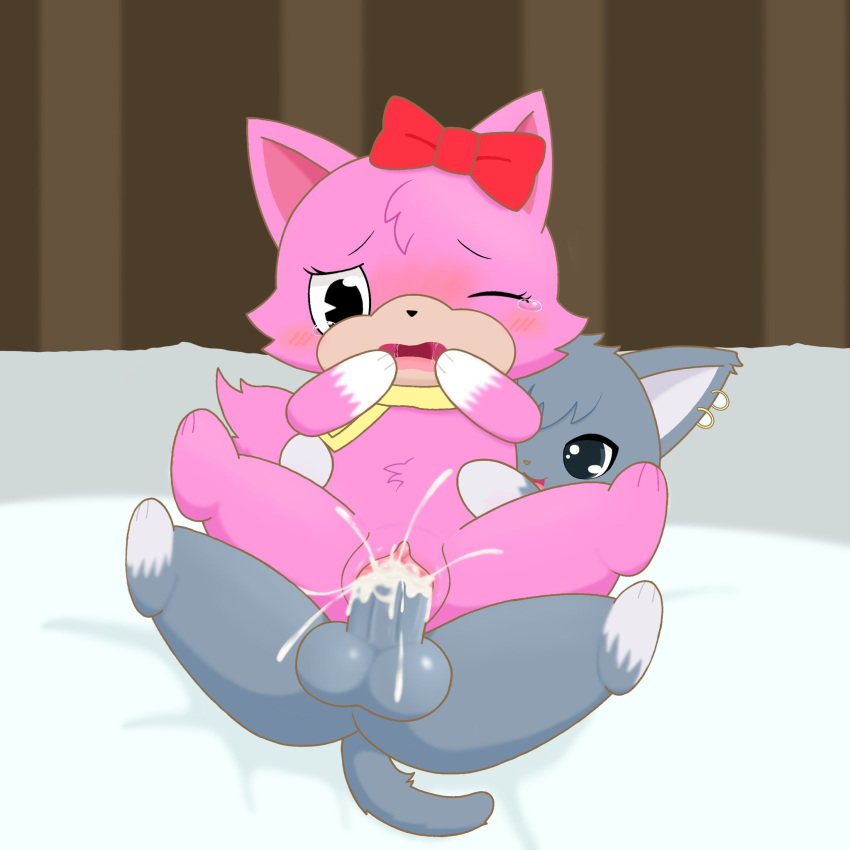 anthro bodily_fluids cum dian_(jewelpet) domestic_cat duo fangs felid feline felis female fur genital_fluids genitals grey_body grey_fur hi_res humanoid_genitalia jewelpet male male/female mammal pancake_(toontown) penis pink_body pink_fur red_bow sanrio scarf tears teeth toontown_online usagi_(artist)