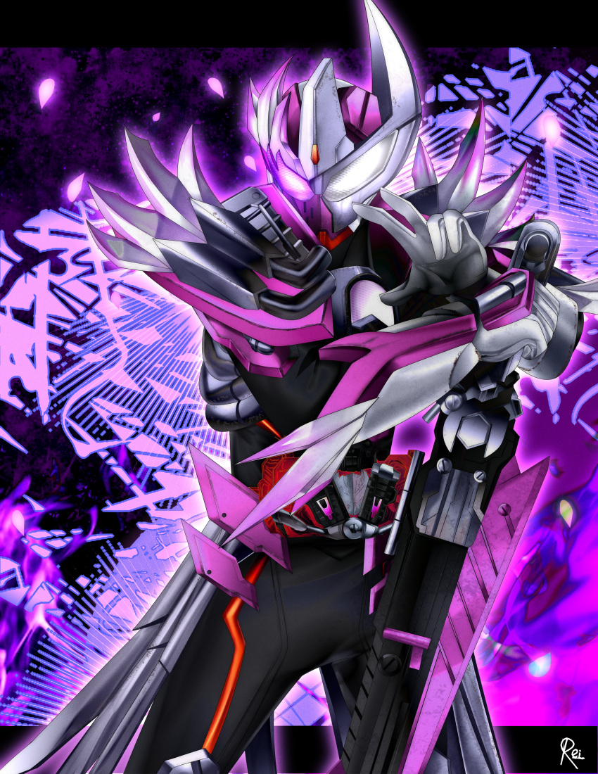 1boy absurdres armor asymmetrical_armor bolt driver_(kamen_rider) fire gloves glowing glowing_eye glowing_smoke helmet highres holding holding_sword holding_weapon kamen_rider kamen_rider_gotchard_(series) kamen_rider_valvarad male_focus pink_fire planted planted_sword power_armor purple_fire reiei_8 reverse_grip rider_belt shoulder_spikes solo spikes sword tokusatsu valvarusher weapon white_gloves