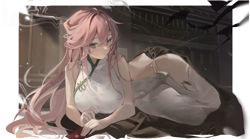 1girl azur_lane bare_arms bare_shoulders border breasts china_dress chinese_clothes chinese_commentary closed_mouth commentary_request covered_navel dress expressionless hair_between_eyes hair_intakes highres holding huge_breasts komuer long_hair looking_at_viewer perseus_(azur_lane) perseus_(spring_lackadaisical_leisure)_(azur_lane) pink_eyes pink_hair solo thighs white_border white_dress