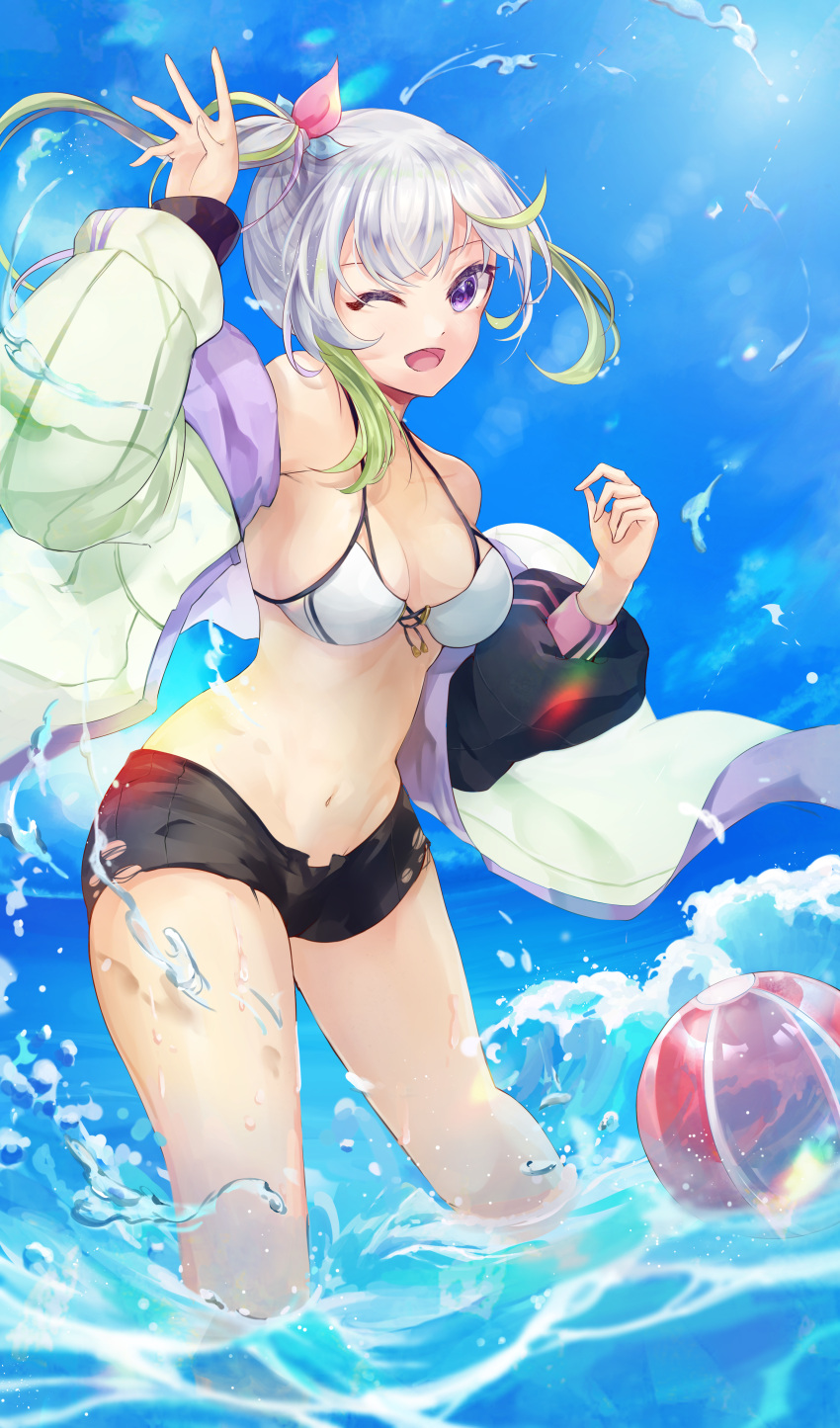 1girl absurdres ball beachball bikini breasts commentary day green_hair hand_up highres jacket large_breasts long_hair multicolored_hair navel off_shoulder one_eye_closed open_mouth original outdoors purple_eyes short_shorts shorts side_ponytail sky slime_(user_jpds8754) smile solo sunlight swimsuit symbol-only_commentary wading water white_hair