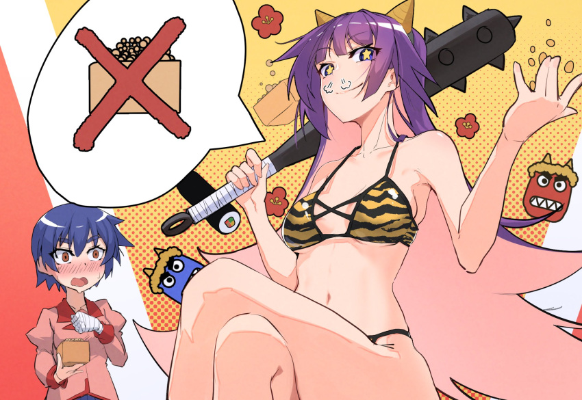 bakemonogatari bikini blush breasts coin colored_inner_hair commission demon demon_horns fake_horns highres horns kanbaru_suruga long_hair looking_at_viewer medium_breasts monogatari_(series) multicolored_hair naoetsu_high_school_uniform navel open_mouth puffy_sleeves purple_hair red_eyes school_uniform senjougahara_hitagi shirt short_hair skeb_commission swimsuit thomas_(aoakumasan)