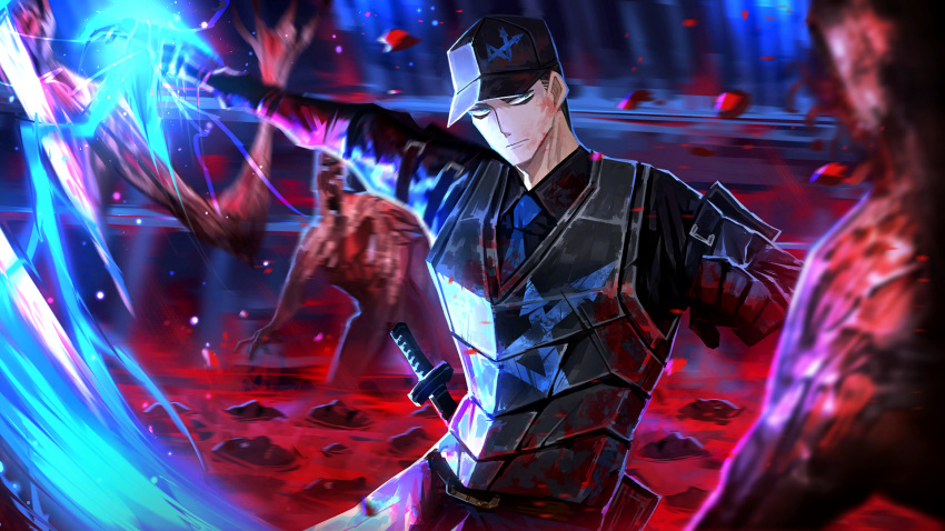 1boy 3others armor axe baseball_cap black_eyes black_gloves black_hair black_headwear black_shirt blood blood_on_armor blood_on_face blue_necktie breastplate closed_mouth collared_shirt game_cg gloves guro hat highres holding holding_axe limbus_company looking_at_viewer male_focus meursault_(project_moon) multiple_others nai_ga necktie official_art pool_of_blood project_moon shirt short_hair slashing solo_focus standing wing_collar