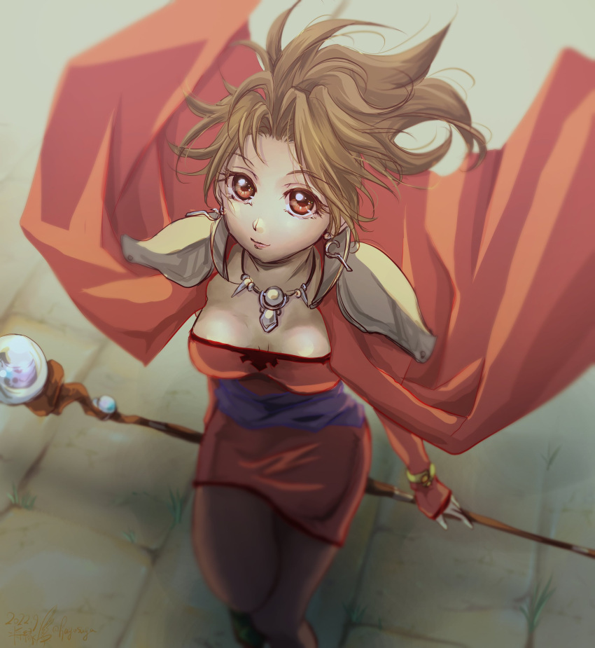 1girl absurdres arc_the_lad arc_the_lad_iii breasts brown_eyes brown_hair cape closed_mouth dress earrings foot_out_of_frame highres holding holding_staff jewelry lips long_hair looking_at_viewer marsia_(arc_the_lad) necklace ponytail red_dress short_hair skirt smile solo staff weapon