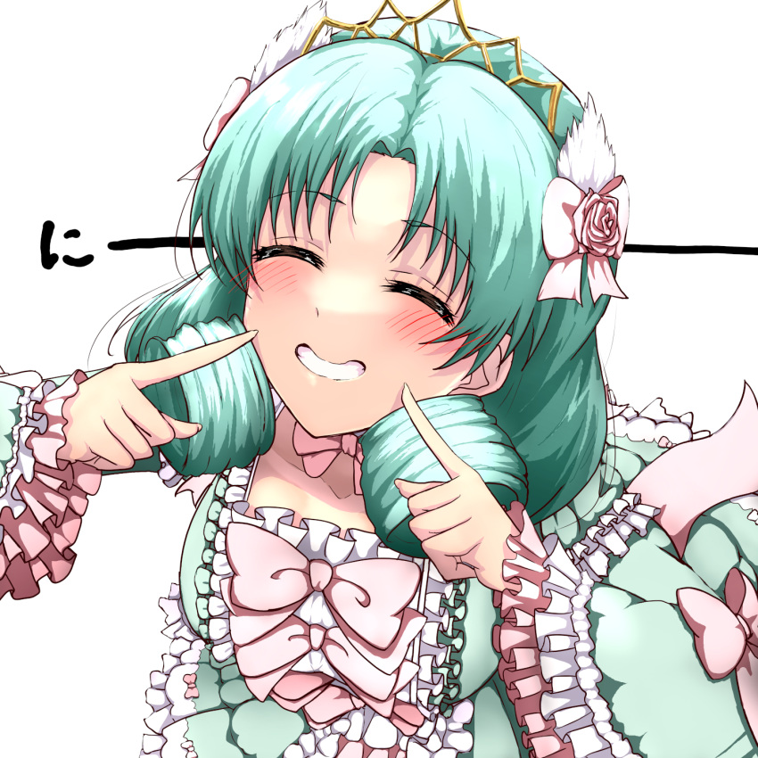 1girl blush bow bow_choker bow_hairband bowtie breasts center_frills closed_eyes commentary_request curly_hair dress fingersmile flower_ornament frilled_dress frilled_skirt frilled_sleeves frills green_dress green_hair grin hair_ornament hairband hands_up headpiece highres hitofudegaki_usagi idolmaster idolmaster_million_live! lolita_fashion long_sleeves medium_breasts medium_hair open_mouth parted_bangs pink_bow pink_bowtie pleated_dress simple_background skirt smile solo square_neckline tiara tokugawa_matsuri wide_sleeves