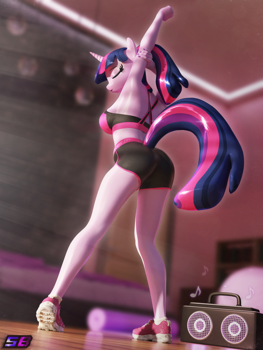 3d_(artwork) absurd_res anthro boombox bottomwear bra butt clothing digital_media_(artwork) equid equine exercise eyes_closed female footwear friendship_is_magic hasbro hi_res horn mammal my_little_pony shadowboltsfm shoes shorts solo sports_bra stretching tail twilight_sparkle_(mlp) underwear unicorn workout workout_clothing