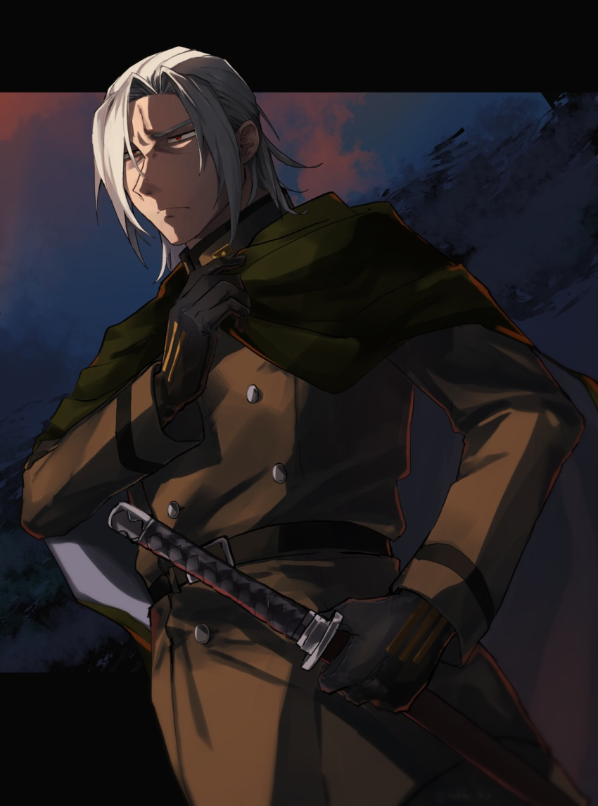 1boy adjusting_clothes akatsuki_blitzkampf black_gloves brown_coat brown_pants cloak coat gloves green_cloak highres holding holding_sword holding_weapon insignia k2_(hokke) katana male_focus military_uniform murakumo_(akatsuki_blitzkampf) narrowed_eyes pants parted_bangs red_eyes sheath sheathed sword twitter_username uniform upper_body v-shaped_eyebrows weapon white_hair