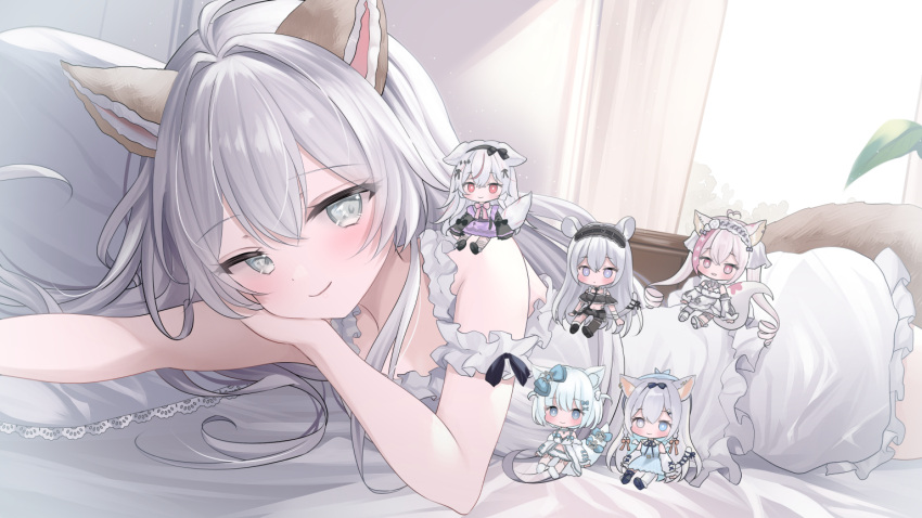 1girl action_figure animal_ears bed_sheet cat_ears closed_mouth commission cupboard curtains dress grey_hair kurage_cc leaf long_sleeves makeup original pillow rouge_(makeup) skeb_commission sleeveless smile sunlight white_background white_dress